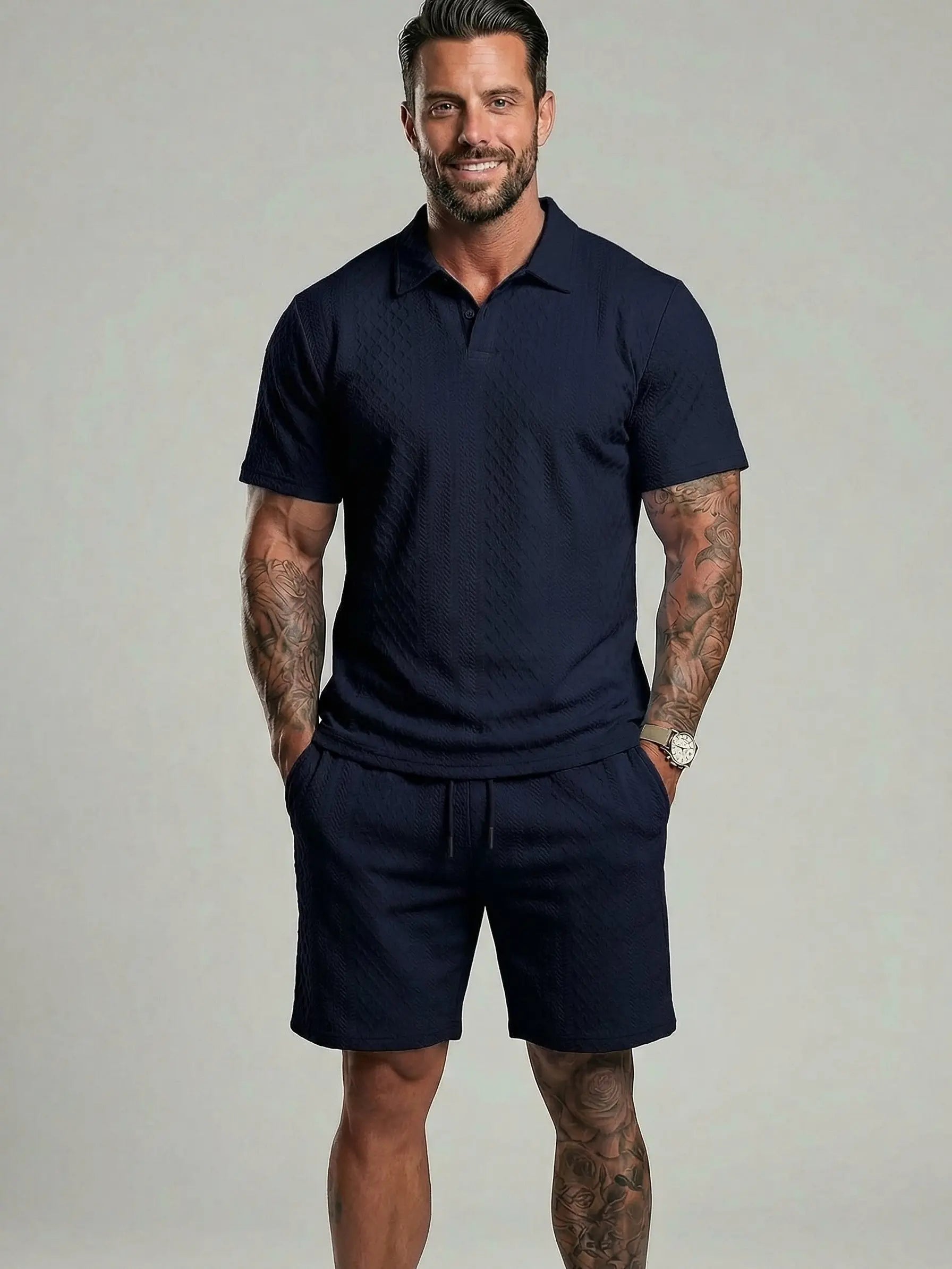 KZZ Men's Solid Polo Shirt & Shorts Set Comfortable & Breathable