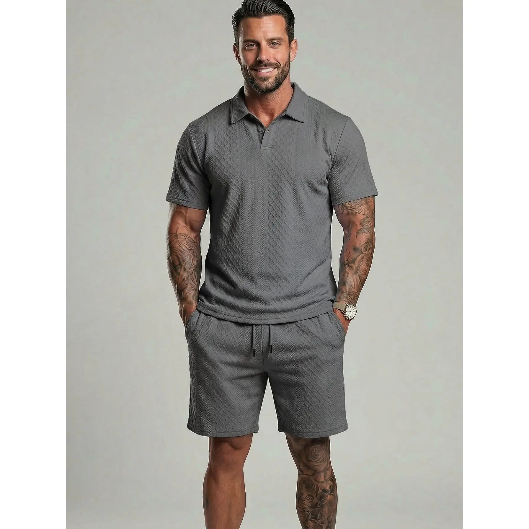 KZZ Men's Solid Polo Shirt & Shorts Set Comfortable & Breathable