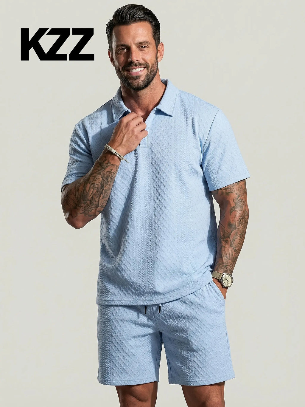 KZZ Men's Solid Polo Shirt & Shorts Set Comfortable & Breathable