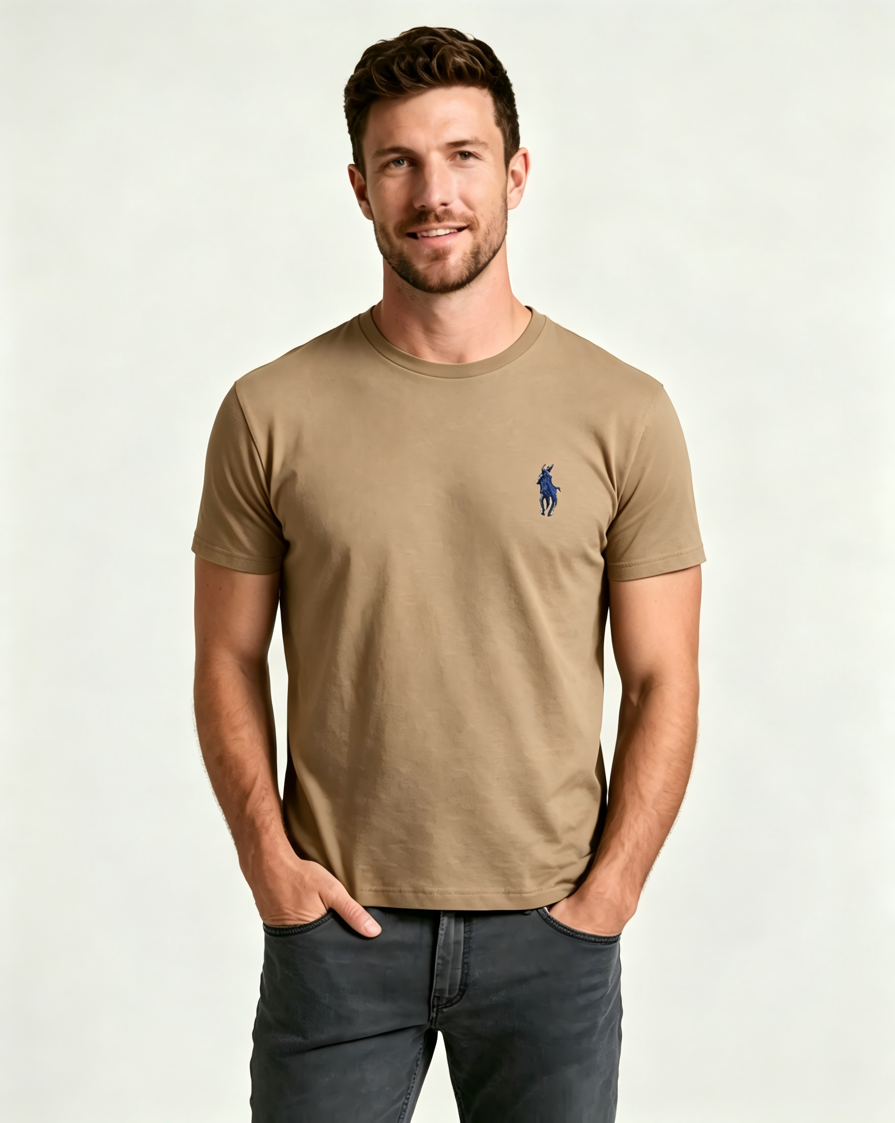 Men's Basic Crew-Neck T-Shirt – Embroidered Blue Pony Logo, Casual Soft Pure Cotton Short-Sleeve Top