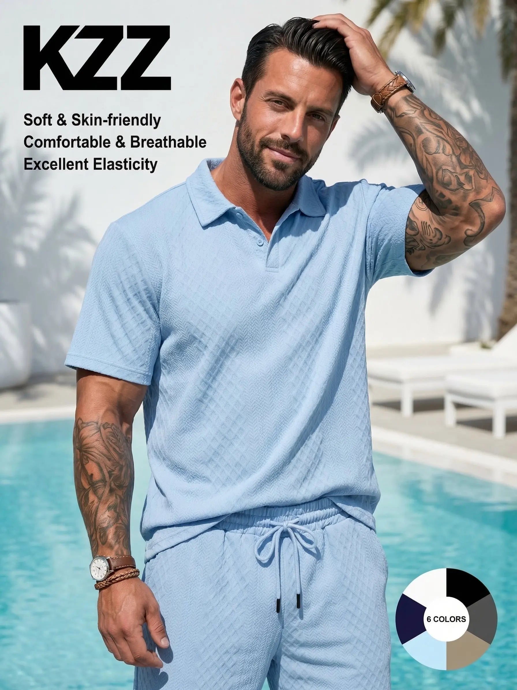 KZZ Men's Solid Polo Shirt & Shorts Set Comfortable & Breathable