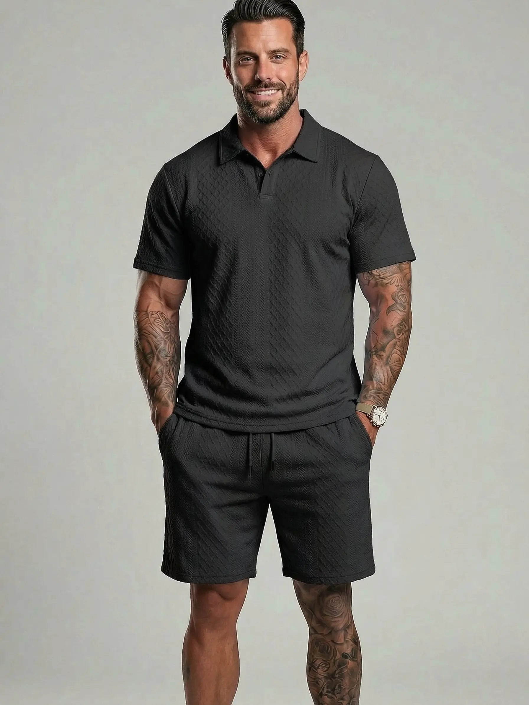 KZZ Men's Solid Polo Shirt & Shorts Set Comfortable & Breathable