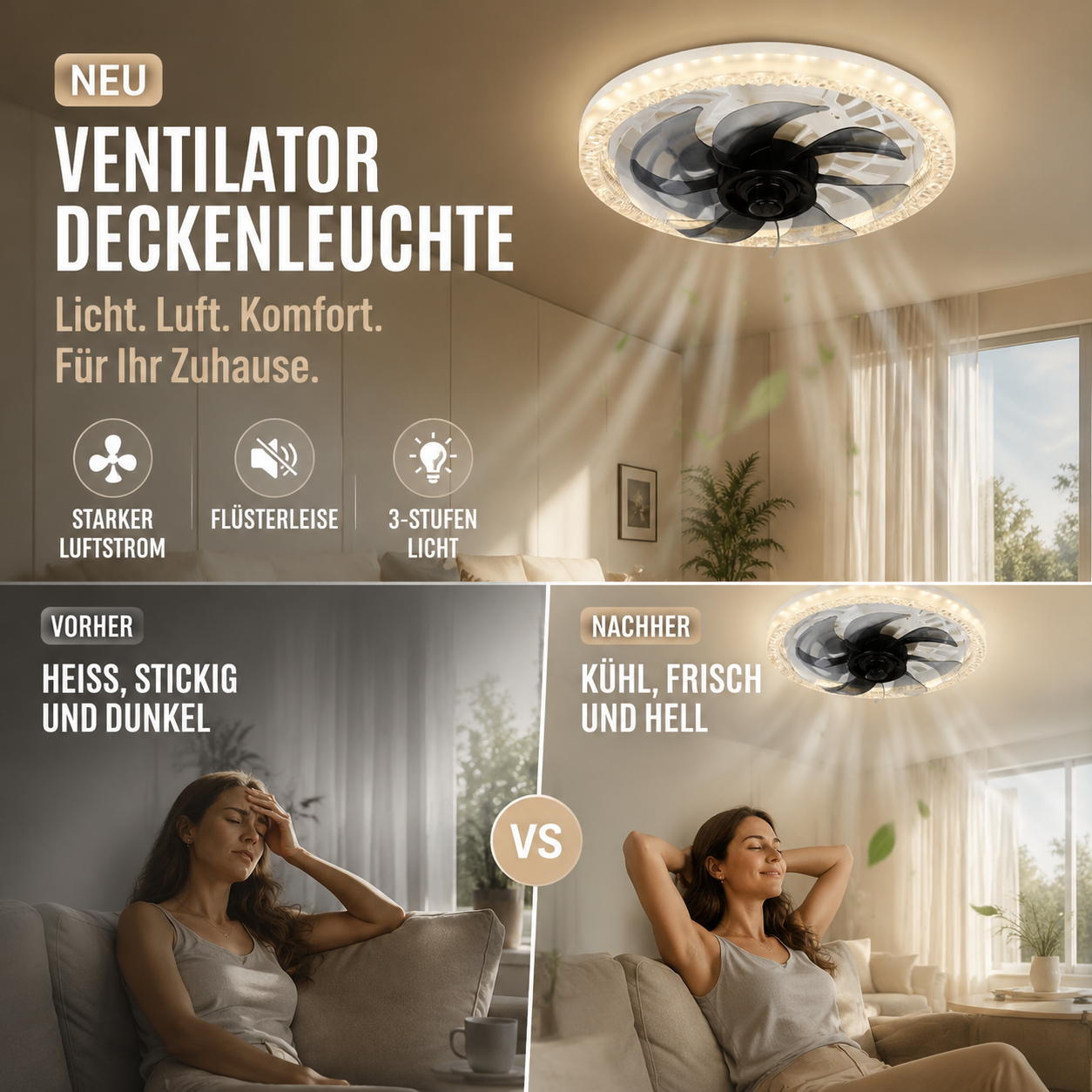 Silent Adjustable Bedroom Fan Light