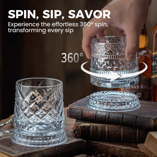 360° Drehbarer Whisky-Glasbecher – Rotierendes Kristallglas mit Prägung