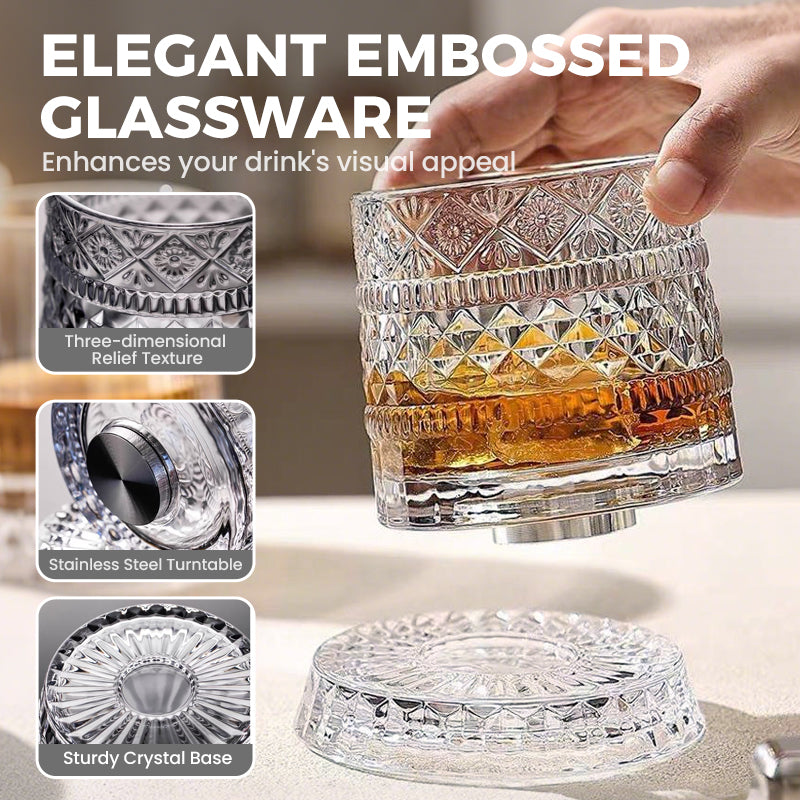 360° Drehbarer Whisky-Glasbecher – Rotierendes Kristallglas mit Prägung