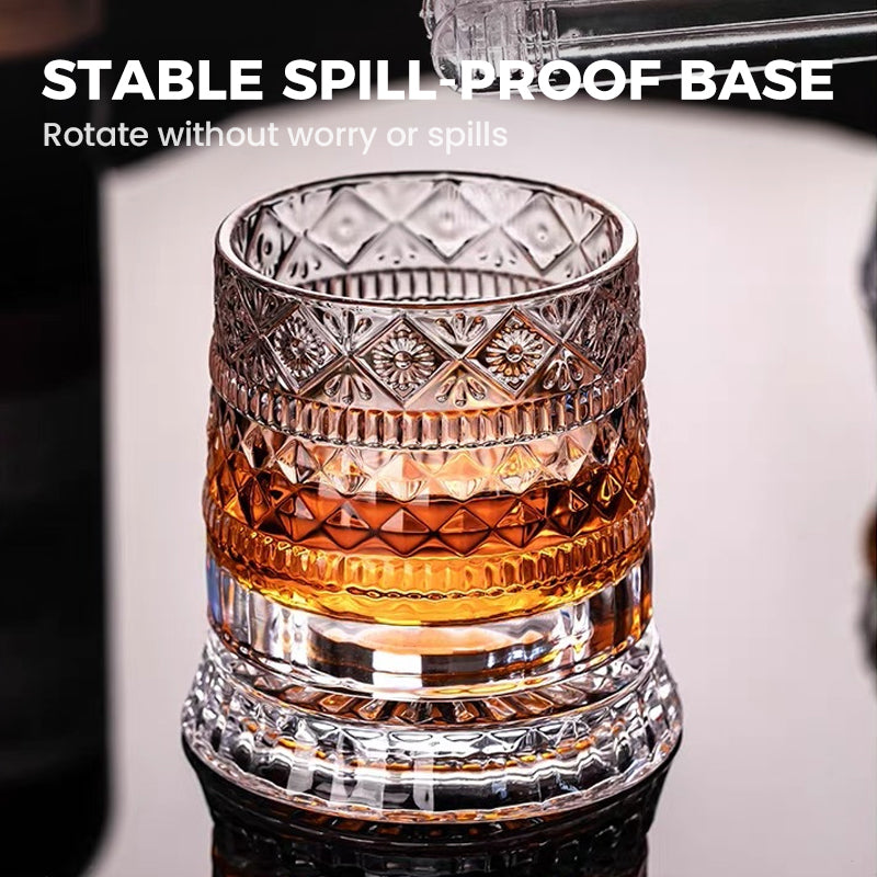 360° Drehbarer Whisky-Glasbecher – Rotierendes Kristallglas mit Prägung